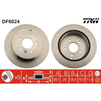 Image of 20968395, 4801857, 4804637, 96625873 Brake disc TRW DF6024 303mm 20mm 5 115mm Vented Painted VAUXHALL: Antara, CHEVROLET: Captiva, OPEL: Antara
