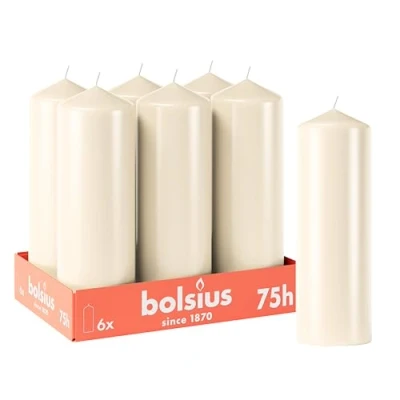 Image of Bolsius Smooth Pillar Candles Ivory Pack of 6 20 x 7 cm Decorative Household Burn Time 75 Hours Unscented Contains Natural Plant Wax Without Palm Oil