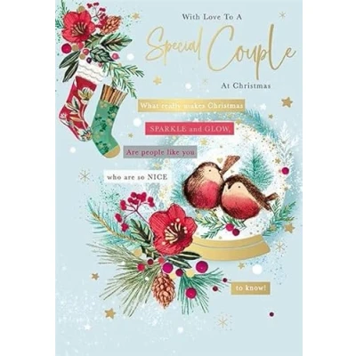 Image of Words N Wishes Special Couple Christmas Card Robins Snowglobe with an Embossed Foil Finish Eco Friendly