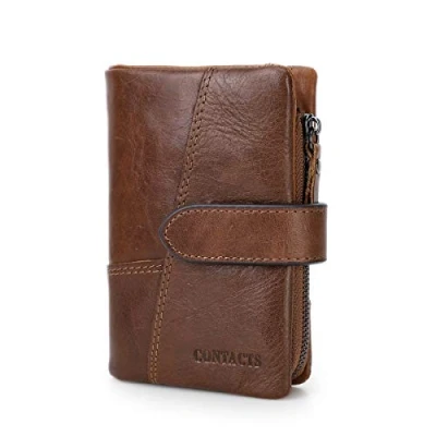 Image of Contacts Mens Genuine Leather Trifold Wallet Card Holder Zipper Coin Bifold Short Purse Vintage (Coffee)