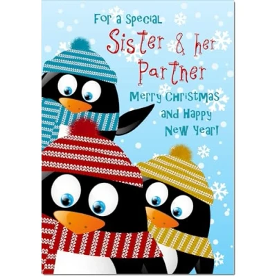 Image of doodlecards Sister and Partner Christmas Card Three Penquins Medium Size for &amp; with Plain Envelope