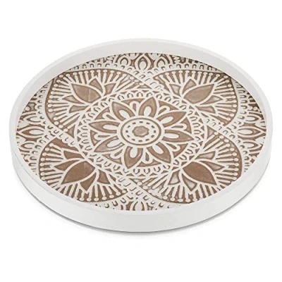 Image of Hanobe Round Wood Decorative Tray: Rustic White Boho Coffee Table Tray Farmhouse Decor Centerpiece Wooden Circle Ottoman Serving Trays for Home Kitchen Counter