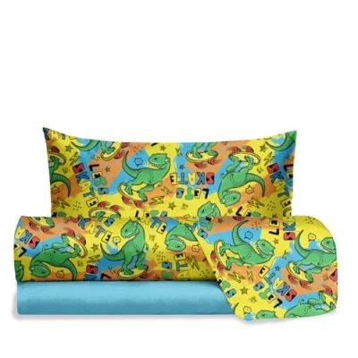 Image of hermet Jolly Dinosaur Single Bed Sheet Set, 100% Cotton, Top + Fitted Pillowcase, Fansatisa Bedding Set for Bedroom