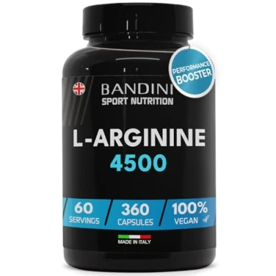 Image of Bandini® L Arginine 360 Capsules 4500 mg High Dosage Caps with Pure HCL Powder Natural Food Supplement No Additives, Vegan and Gluten Free Ideal for Athletes Italian Quality