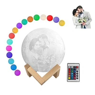 Image of Moon Lamp with Picture Custom Made Night Light 3D Printed Wooden Stand Remote Touch Control USB Rechargeable Personalized Gift 16 Color for Baby Kids Lover 15cm Gifts Mother&#039; Day