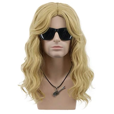 Image of VGbeaty Men Women Long Curly Blonde Wig 70s 80s California Hard Rocker Halloween Costume Cosplay Anime