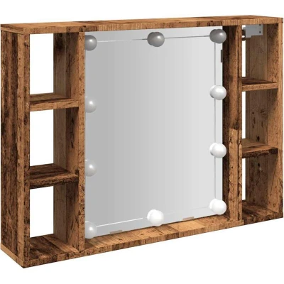 Image of vidaXL Mirror Cabinet with LED Lights Wall Mounted Old Wood 76x15x55 cm, 6 Compartments