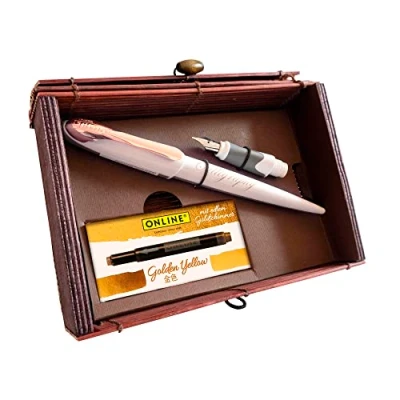 Image of Online 10059 Calligraphy Set I Pen Air White Rose Nibs in 2 Line Widths 0.8/1.4 mm 5 x Gold Ink Cartridges Gift for Fans Box