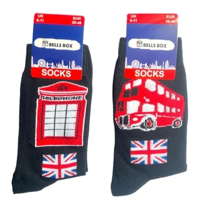 Image of Souvenirs 2 Pairs Men London Socks Black Colour Bus &amp; Telephone Box Size 6 11(UK) British England UJ Gift Union Jack Phone Booth