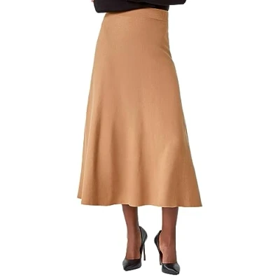 Image of Roman Originals Knitted Skirt for Women UK Ladies Midi Maxi Full Length Winter Autumn A Line Swing Pull On Smart Casual Work Office Elasticated Waist Flattering Knit Knitwear Camel Size 18