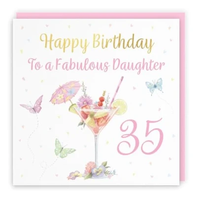 Image of Hunts England 35th Daughter Pink Cocktail And Butterflies Birthday Card Luxury Gold Foil Milo&#039;s Gallery Age 35 Drinks, Flowers, Hearts Elegant For Thirty Five
