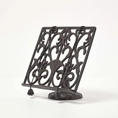 Image of HOMESCAPES Brown Cast Iron Cook Book Stand Recipe Holder for Kitchen H 19 x W 28 cm Metal Ornamental Books Tablets or iPads