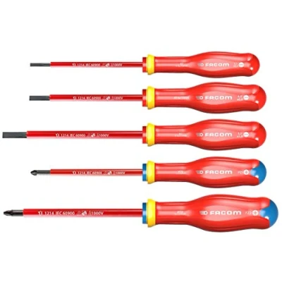 Image of FACOM ATD.J5VE Set of 5 PROTWIST® Screwdrivers Insulated 1000 Volts for Slotted Screws &amp; Pozidriv® Phillips