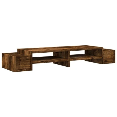 Image of vidaXL Monitor Stand Riser with Storage Slots, Smoked Oak Engineered Wood, 100x27x15 cm, 4 Compartment Organizer, Freestanding for Home Office/Desktop