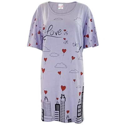 Image of True Face Ladies Nightdress Night Shirt Dress Womens Nighties Nightshirt Pyjamas Cotton (One Size, Love Laylic)