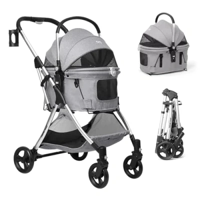 Image of Beberoad 3 in 1 Pet Stroller Dog Pram Detachable Carrier Car Seat Strollers for Small Dogs Cats, Cat Buggy Pushchair Trolley, Folding Lightweight Travel with Mattress (Grey)