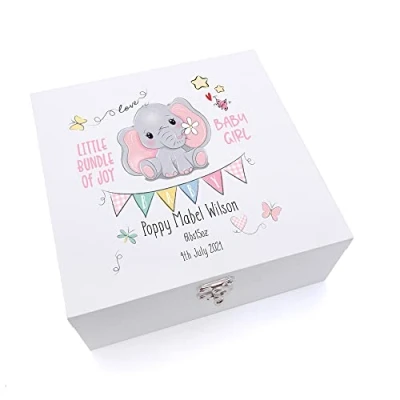 Image of ukgiftstoreonline Personalised Luxury Wooden Baby Girl Keepsake Box Elephant Design