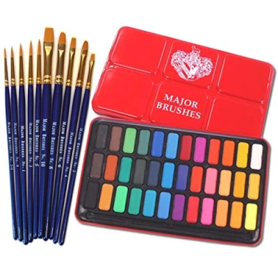 Image of Major Brushes Artist Watercolour Paint 36 Blocks Red Metal Tin plus 10 Synthetic Sable Orange Brush Set Round, Flat, Filbert