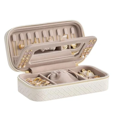 Image of SONGMICS HOME Travel Jewelry Case, Organizer Box with Mirror, Pouch, Woven Embossed PU Leather, Portable Storage, Christmas Gifts, Cloud White UJBC197W01