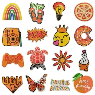 Image of 16PCs Embroidery Applique Patch Orange Butterfly Rainbow Flower Camera Set Assorted Size Embroidered Iron Sew on Patches Repair Cute DIY Clothes for T Shirt Jean Shoe Jacket Backpack