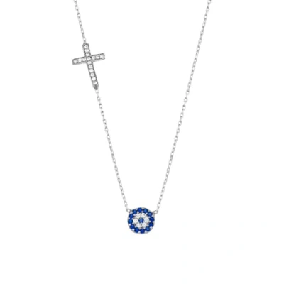 Image of MYSTIC JEWELS By Dalia 925 Sterling Silver Cubic Zirconia Evil Eye Cross Necklace, New Year Birthday Gift, 40 + 5 cm