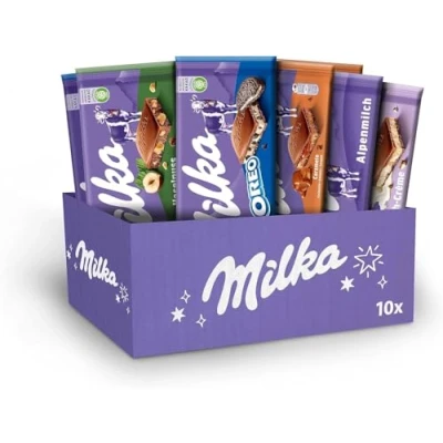 Image of Milka Selection Gift Sharing Bulk Box, Assorted Chocolate Tablets, OREO, Caramelo, Creme, Hazelnut and Alpine Milk, 10 x 100g Bars