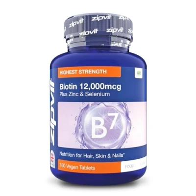 Image of Zipvit Biotin Hair Growth Supplement 12000mcg, Enriched with Zinc &amp; Selenium, 180 Vegan Tablets,High Strength for and Skin Support Men Women