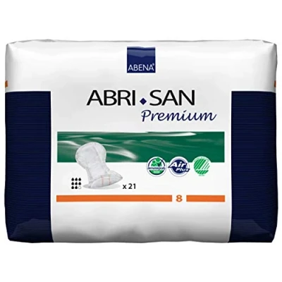Image of Abena Abri San Premium Mens &amp; Womens Incontinence Pads, Breathable Comfortable, Fast Absorption, Discreet Effective Shaped Pads for Men/Women 8, 2500ml Absorbency, 21PK