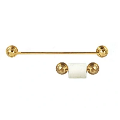 Image of Melody Jane Dolls House Gold Brass Towel Rail Toilet Tissue Fittings Set Bathroom Accessory