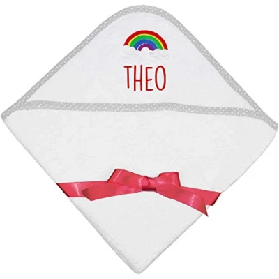 Image of Personalised Rainbow White Baby Bath Time Hooded Towel (Red)