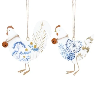 Image of Gisela Graham Set of 2 Blue Meadow Rooster &amp; Hen Easter Decorations