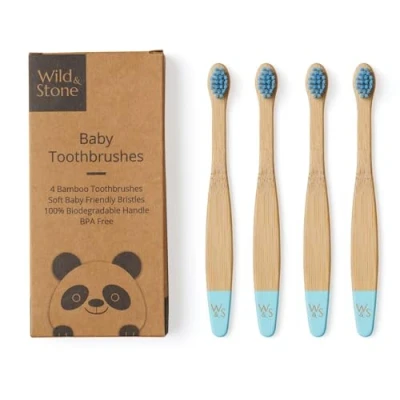 Image of Wild &amp; Stone Organic Baby Bamboo Toothbrush 4 Pack Soft Fibre Bristles 100% Biodegradable Handle BPA Free Vegan Eco Friendly Toothbrushes (Baby Blue)