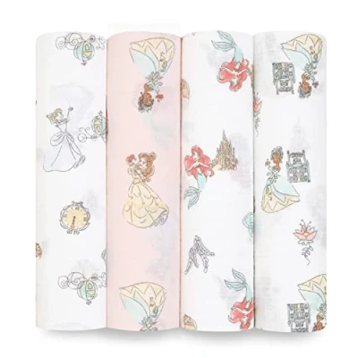 Image of aden + anais essentials 100% Cotton Muslin Swaddle &amp; Receiving Blanket for Baby Girls Boys, 112x112cm, Newborn Swaddling Set, Infant Toddler Shower Gift, 4 Pack, Disney Princess