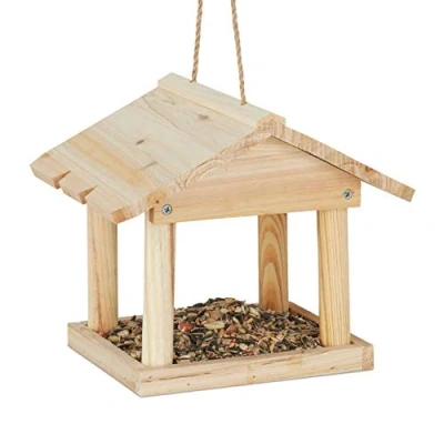 Image of Relaxdays Hanging Birdhouse, Small Bird Feeder for Garden and Balcony, Untreated Wood, Natural, Brown, Pack of 1