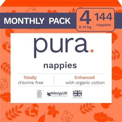 Image of Pura Eco Baby Nappies Size 4 (8 14kg / 18 31 lbs), 6 x 24 (144 Total), Monthly Pack, Ultra Soft for Sensitive Skin, Organic Cotton, Up to 12hrs Leak Protection, New Guide