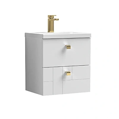 Image of nuie BLO105A3 Blocks Modern Bathroom Furniture Bundle Wall Hung 2 Soft Close Drawer Vanity Basin Unit &amp; Square Drop Handle, 500mm, Satin White/Brushed Brass