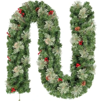 Image of Christmas Garland, Uten 2.7m Fireplace with Pine Needles, Cones and Red Berries Artificial Wreath Garland for Stairs Door Xmas Tree Decoration