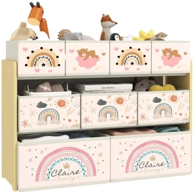 Image of AIYAPLAY Kids Toy Storage Unit, 3 Tier Organiser Shelf with 9 Non Woven Fabric Boxes for Toys, Books, Cartoon Style Bedroom, Nursery, Yellow
