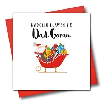 Image of Welsh Language Embellished Christmas Greeting Card, Nadolig Llawen I&#039;r Dad Gorau, Merry to The Best Dad, Santa and Sleigh