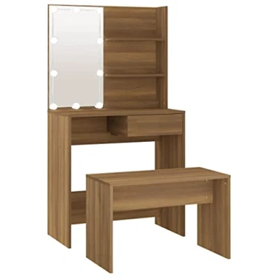 Image of vidaXL Dressing Table Set with LED Brown Oak Engineered Wood