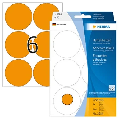 Image of HERMA Dot Stickers Luminous Orange, 144 Labels, Ø 50 mm, 6 Labels per Sheet, Self Adhesive Round Colour Stickers, Blank Marking Dots, Sticky Circle for Color Coding Calendar
