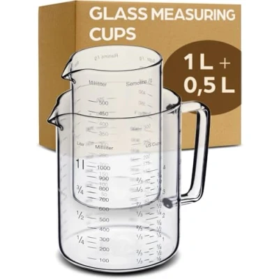 Image of Glass Measuring Jug 1L &amp; 0.5L Heat and Microwave Resistant Precise Scale Ideal for Cooking, Cooking Mixing