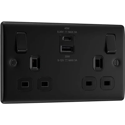 Image of BG Electrical Double Switched Power Socket with USB C (2.1A) and A (3.1A) Charging Ports,13A, 30W, Matt Black