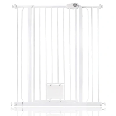 Image of Bettacare Pet Gate with Lockable Cat Flap, 94.3cm 101.9cm, White, 104cm in Height, Extra Tall Dog Safety Barrier Easy Installation