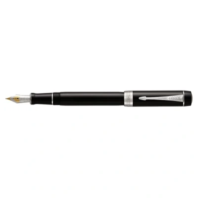 Image of Parker Duofold Centennial Fountain Pen Classic Black with Palladium Trim Medium Solid Gold Nib Ink and Convertor Premium Gift Box