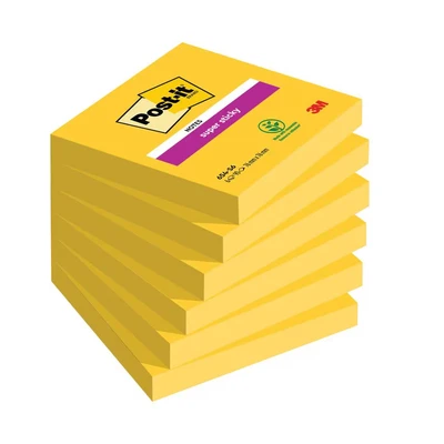 Image of Post it Super Sticky Notes, 76mm x 76mm, Ultra Yellow, 6 pads, 90 sheets per pad
