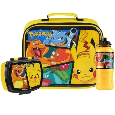 Image of Pokemon Kids Insulated Lunch Bag, Box and Bottle, 3 Piece Set Anime Gifts (Yellow)