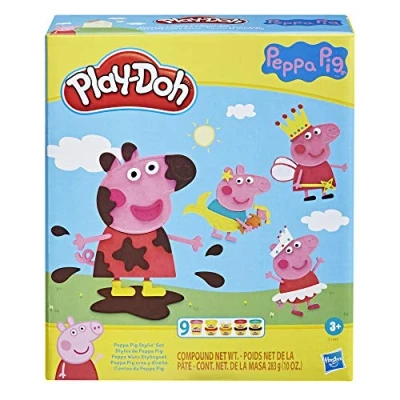Image of Play Doh Peppa Pig Stylin Set with 9 Non Toxic Modeling Compound Cans and 11 Accessories, Toy for Kids 3 Up, Multicolour, 6.68 x 18.42 21.59 cm