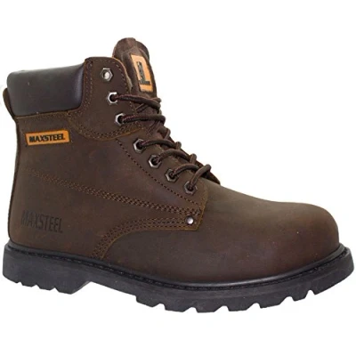 Image of MAXSTEEL Mens Work Safety Shoes Leather Boots Steel Toe Cap Ankle Trainers (UK 9) Brown