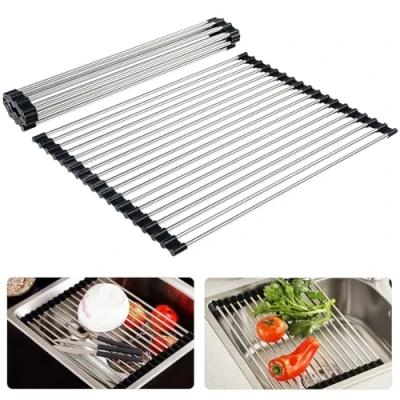 Image of Dish Drainer Rack,Foldable and Removable Stainless Steel Drying Over the Sink,Sink Rack for Cups,Fruits,Vegetables,Kitchen Draining Board,Super Kitchen Organiser (Black 42.8 * 34cm)